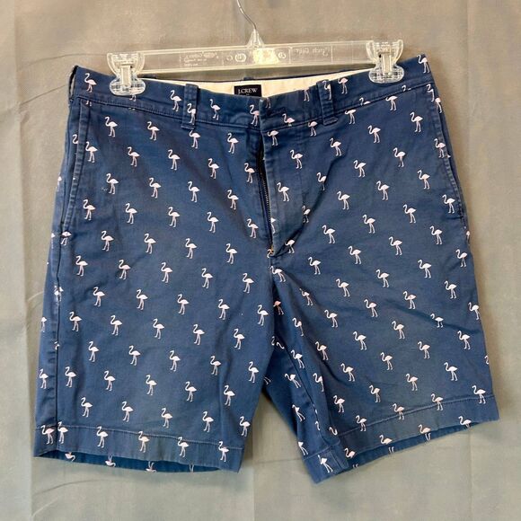 J. Crew Chino Shorts Men's Size 33 Blue Flamingo Pattern Slash Pockets Button - Picture 1 of 6